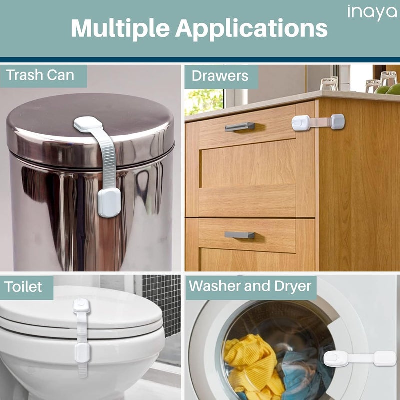 INAYA 5-Pack Child Proof Cabinet Latches White for Drawers, Cupboards, Fridge Toilet Seat, Dishwashers, Trash Can, Up to 37lb Pull Force - Adjustable Length, 3M Adhesive, No Drilling Child Safety Locks - Image 3